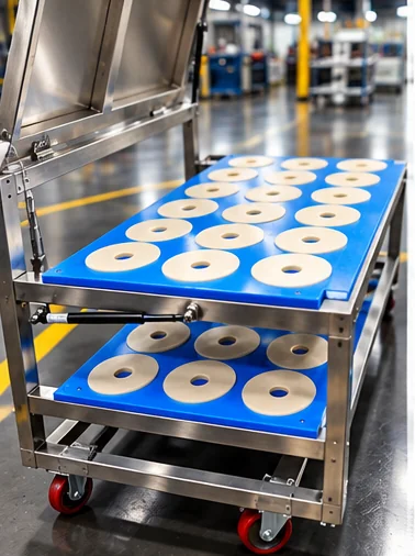 Stainless steel industrial cart with blue component positioning inserts