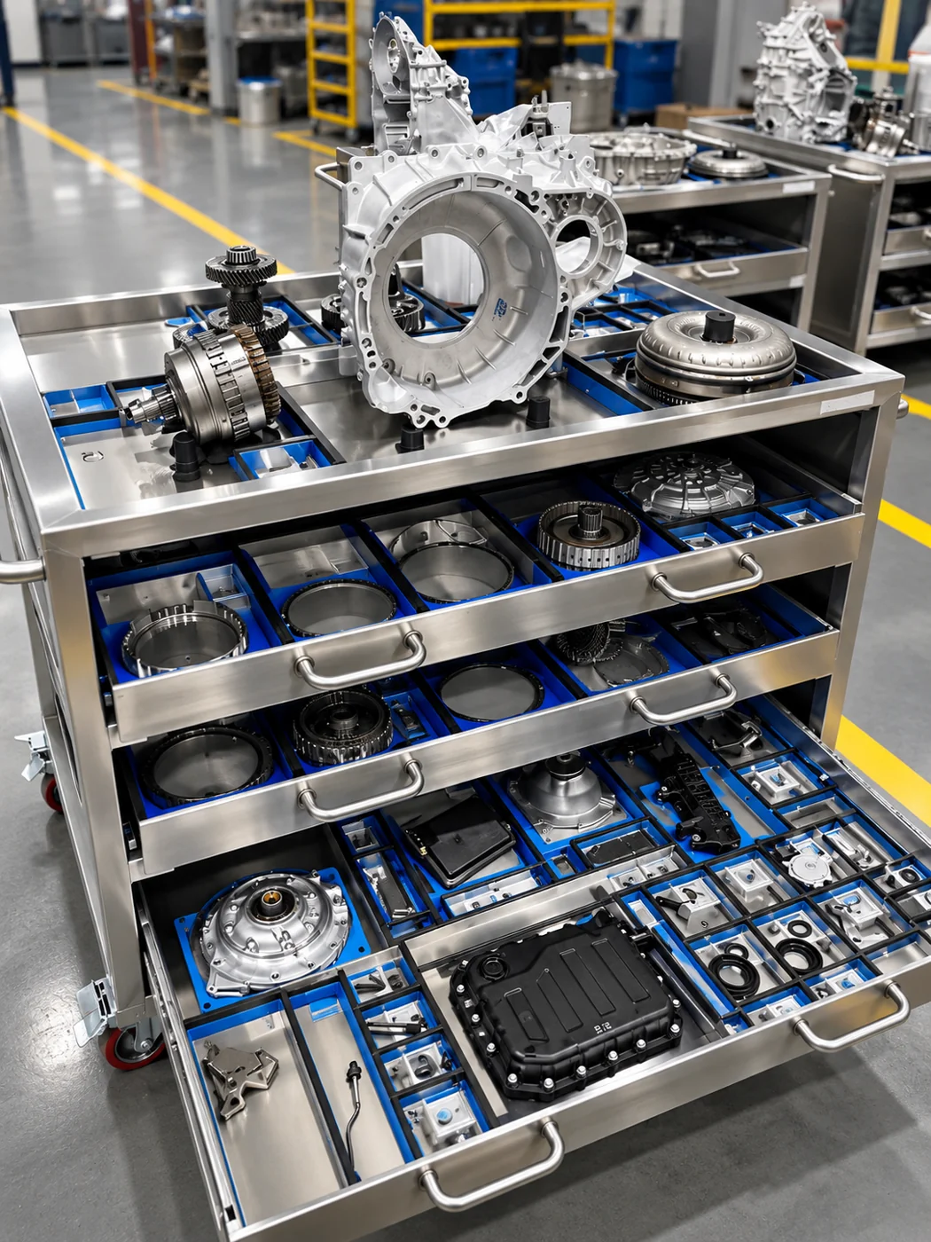 Custom stainless steel multi-tray cart holding transmission components